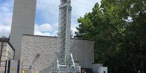 Cell tower transformed through upcycling, showcasing the process of extending a tower's life and reducing waste.