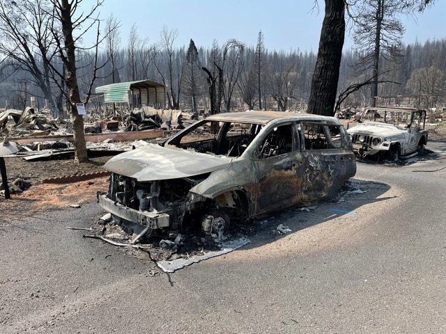 Mobile emergency communications tower deployed after a natural disaster.
